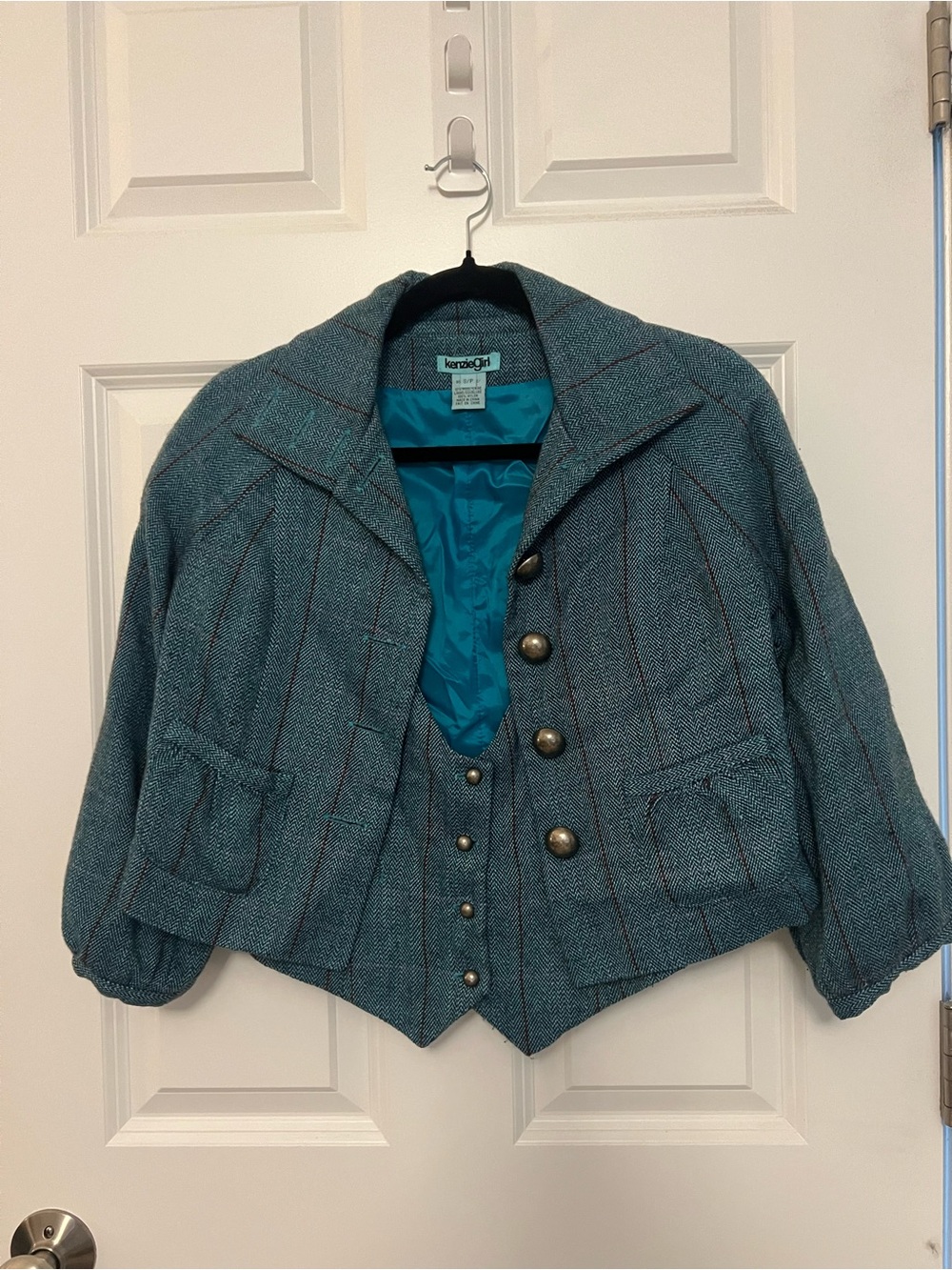 Kensie Girl Teal Cropped Wool-Blend Blazer with Matching Vest